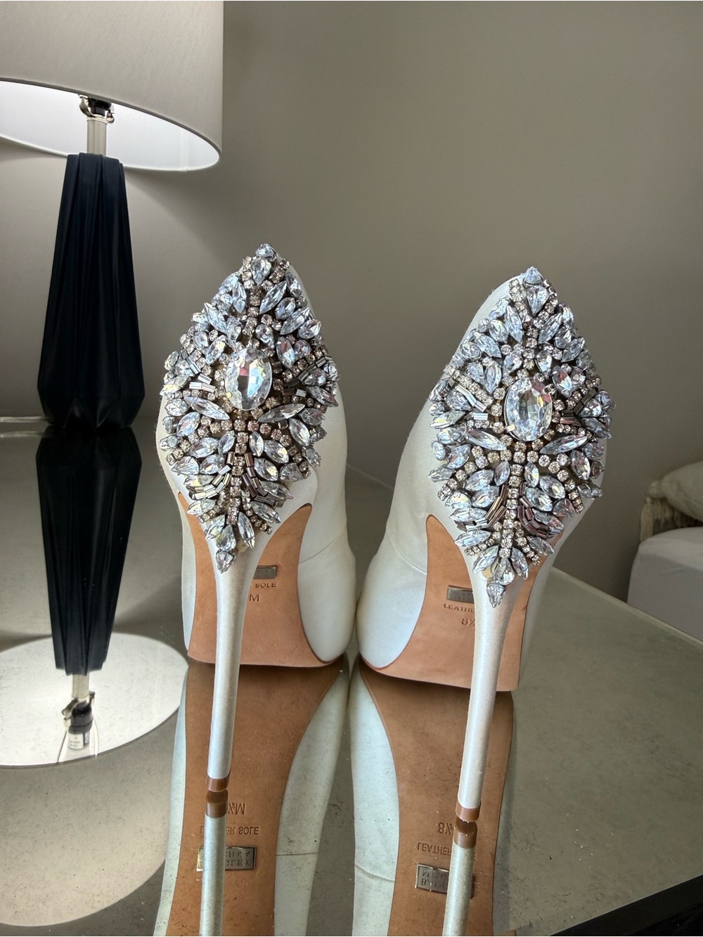 Badgley Mischka Kiara White Satin Pointed Crystal-Embellished Stilettos